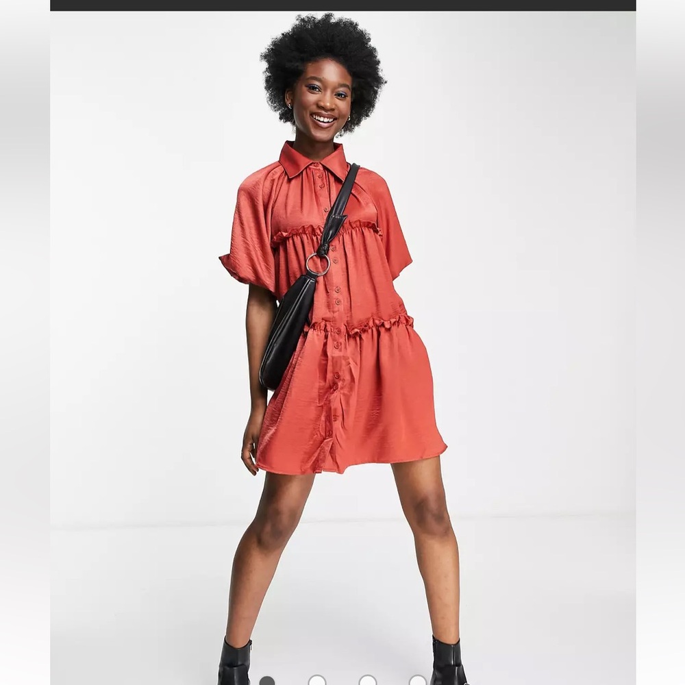 Lola‎ May tiered satin smock dress in rust